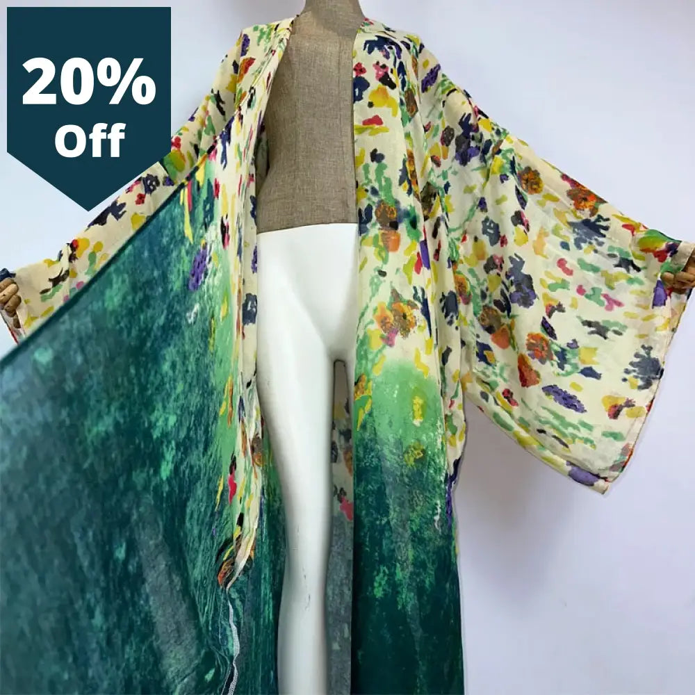 Kimono Gradual Floral Print Beach Cover-Up Elegant Coat Sexy Africa Outfits For Women Perspective