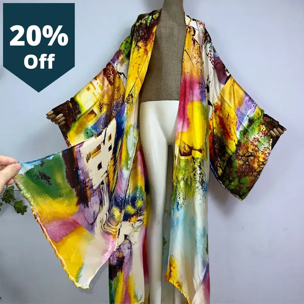 Kimono Summer Oil Painting Print Bikini Cover-Up Elegant Fashion Cardigan Sexy Holiday Long Sleeve