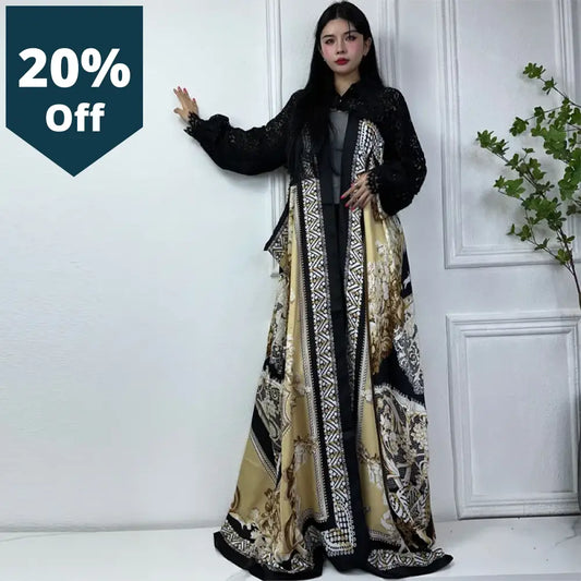 Long Coat For Women Africa Lace Neckline Street Wear Print Muslim Lady Kaftan Popular Ramadan