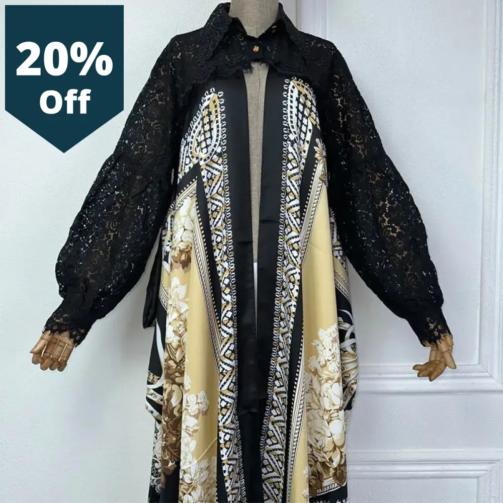 Long Coat For Women Africa Lace Neckline Street Wear Print Muslim Lady Kaftan Popular Ramadan