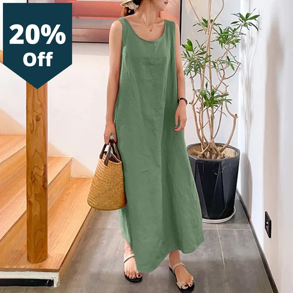 Loose Dress Cotton Linen Pocket Round Neck Sleeveless Women Summer Vintage Vestido Feminino Long