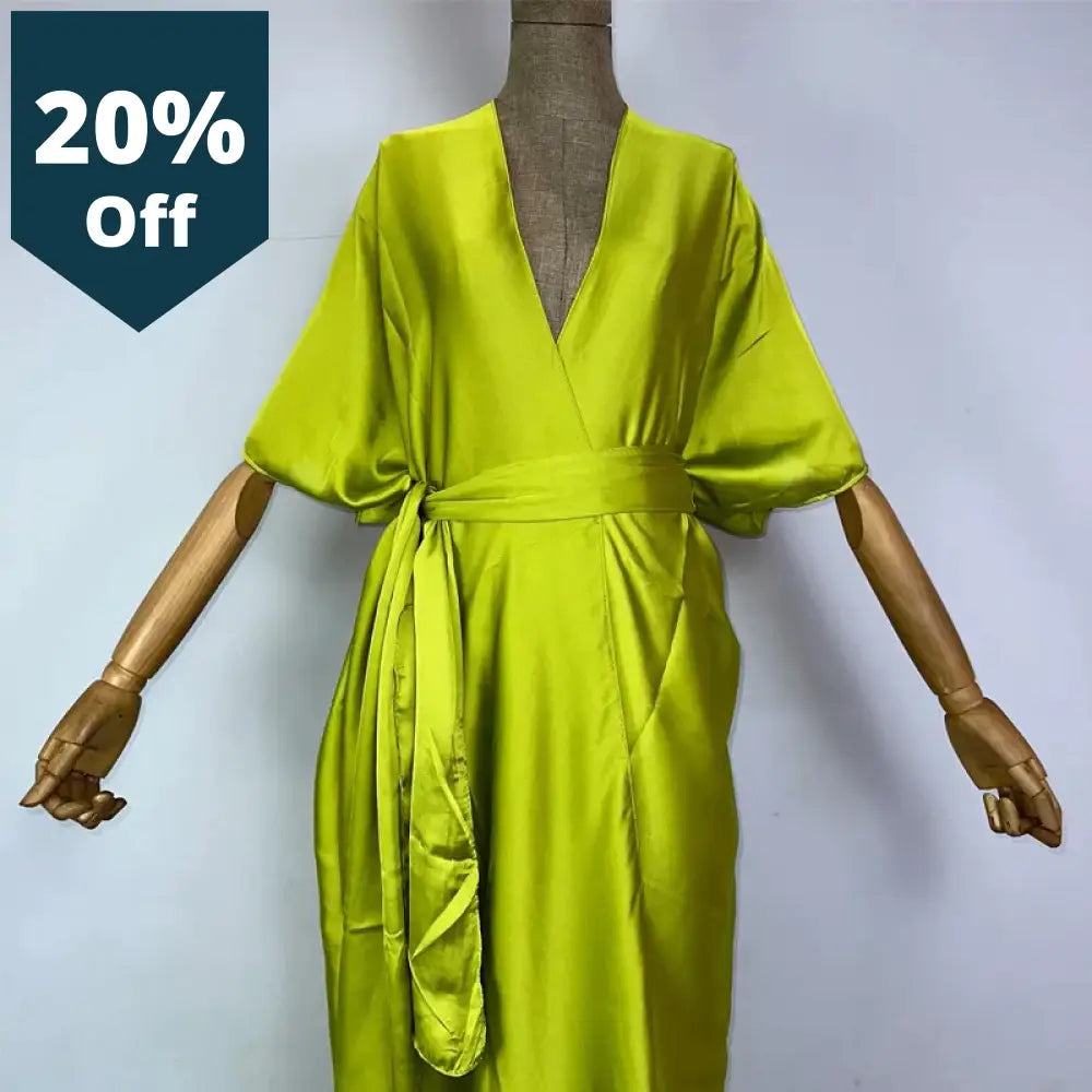 Monocolour Self Belted Silk Dress Women Elegant Summer Holiday Short Sleeve Cardigan Beach Wear Swim