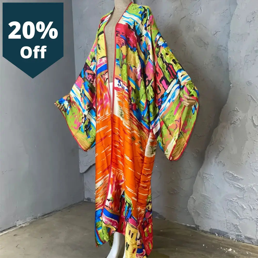 New Summer Women Graffiti Printing Long Sleeve Cardigan Female Loose Beach Cover Up Boho Dress