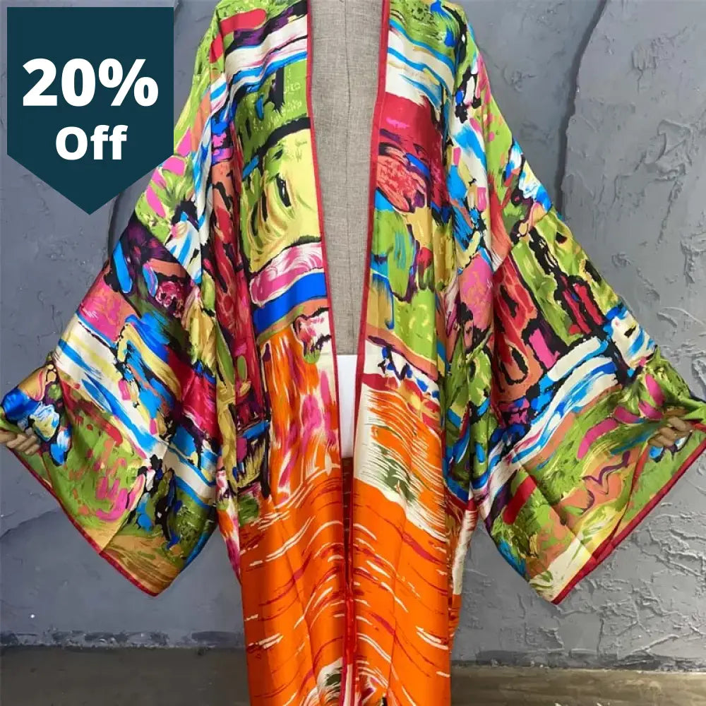 New Summer Women Graffiti Printing Long Sleeve Cardigan Female Loose Beach Cover Up Boho Dress