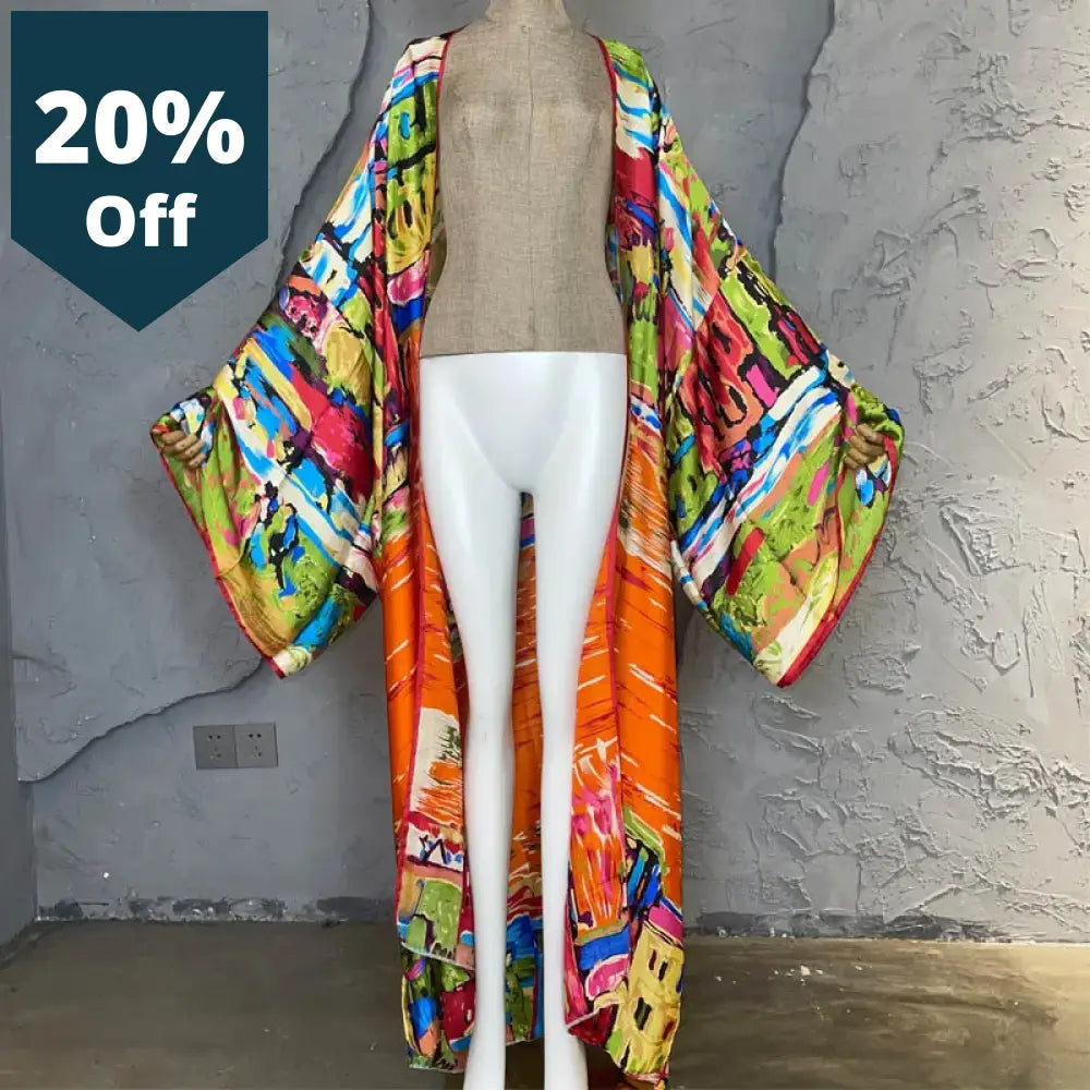 New Summer Women Graffiti Printing Long Sleeve Cardigan Female Loose Beach Cover Up Boho Dress