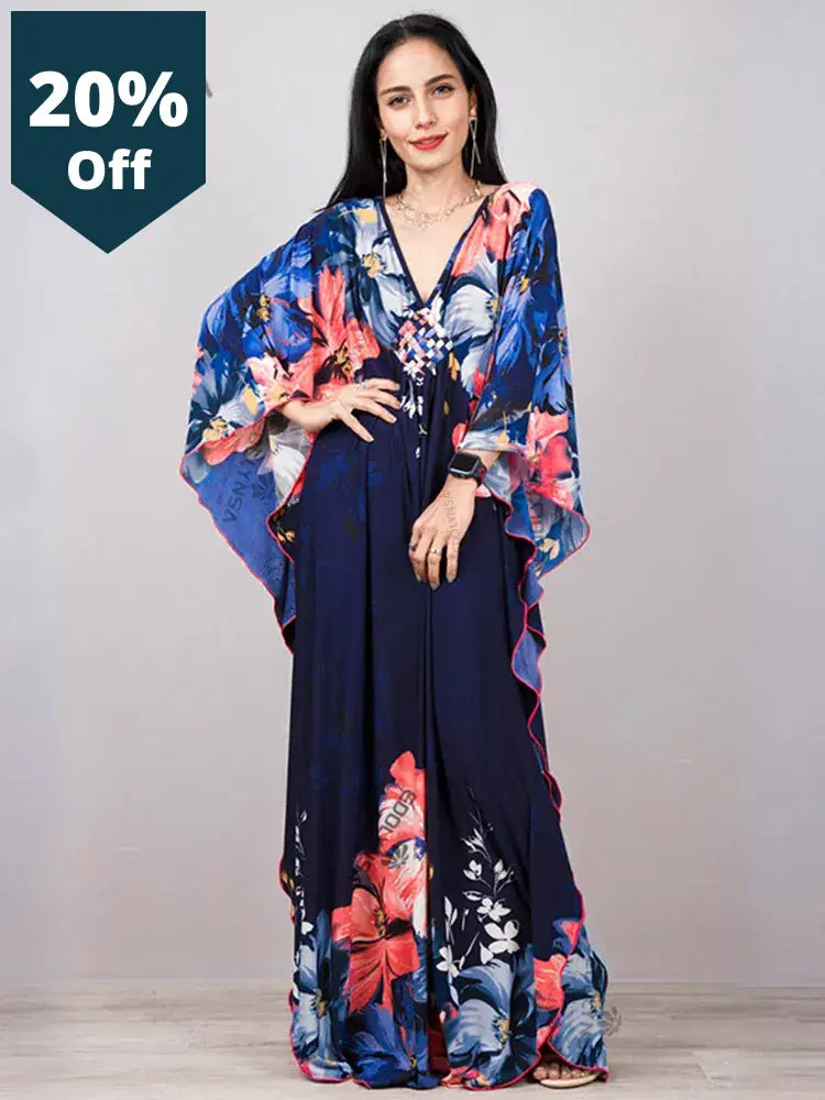 Print Maxi Dress Batwing Sleeve Tunic Spring Autumn Beachwear Casual Plus Size Women Loose Kaftan