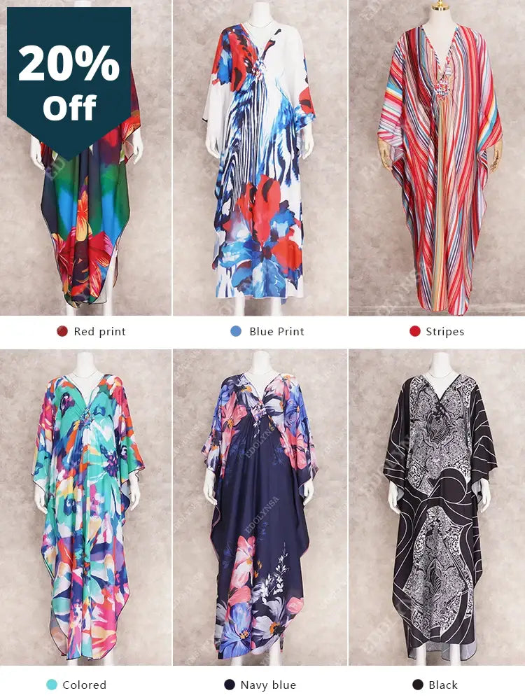 Print Maxi Dress Batwing Sleeve Tunic Spring Autumn Beachwear Casual Plus Size Women Loose Kaftan