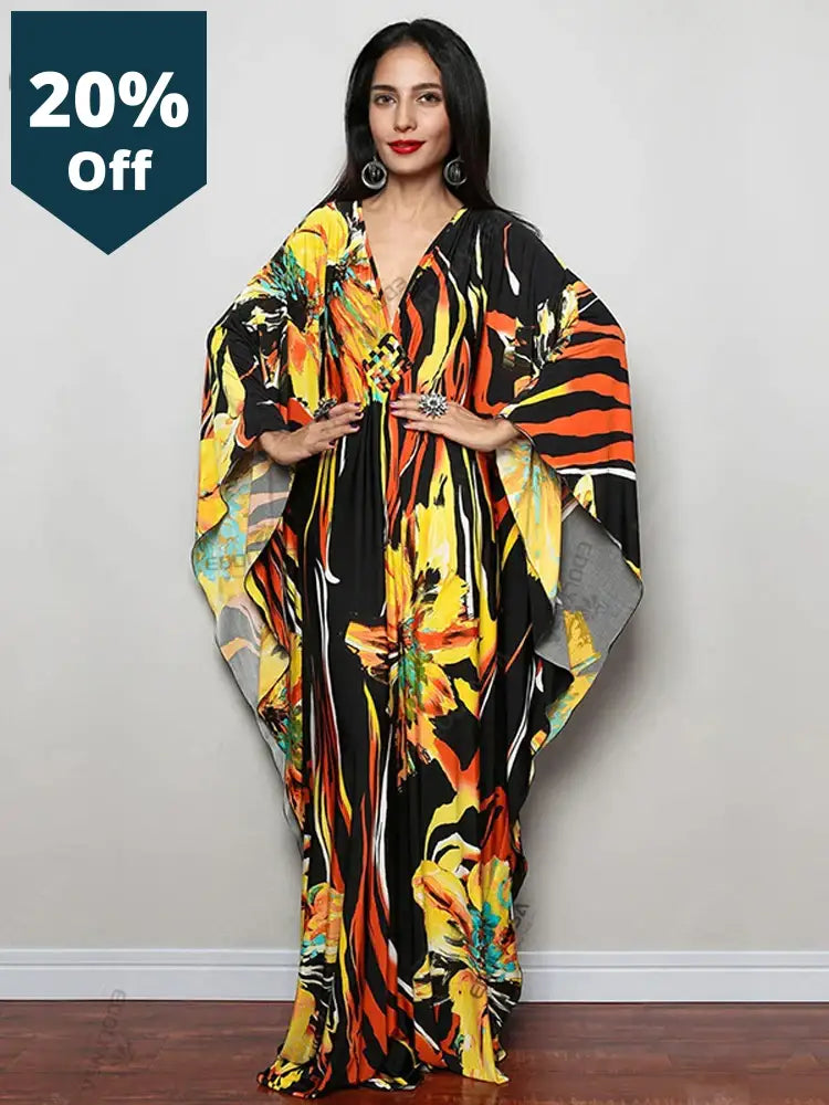 Print Maxi Dress Batwing Sleeve Tunic Spring Autumn Beachwear Casual Plus Size Women Loose Kaftan