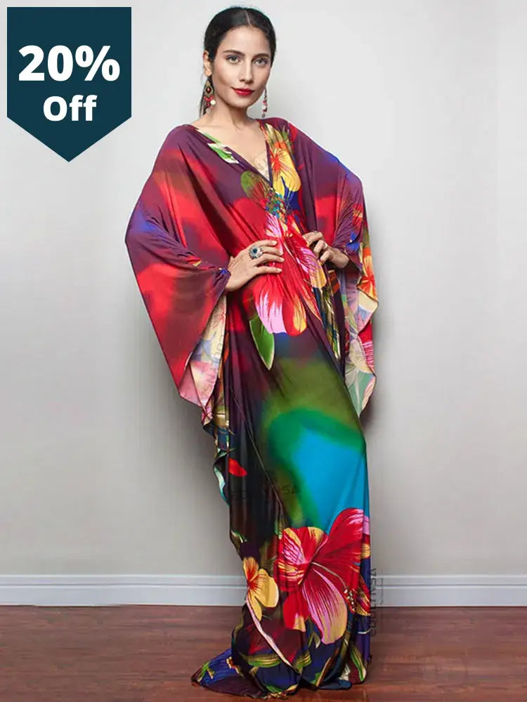 Print Maxi Dress Batwing Sleeve Tunic Spring Autumn Beachwear Casual Plus Size Women Loose Kaftan