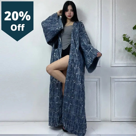 Sequined Denim Cardigan Women Long Down Coat Loose Dress Elegant Party Maxi Holiday Swimming Cover