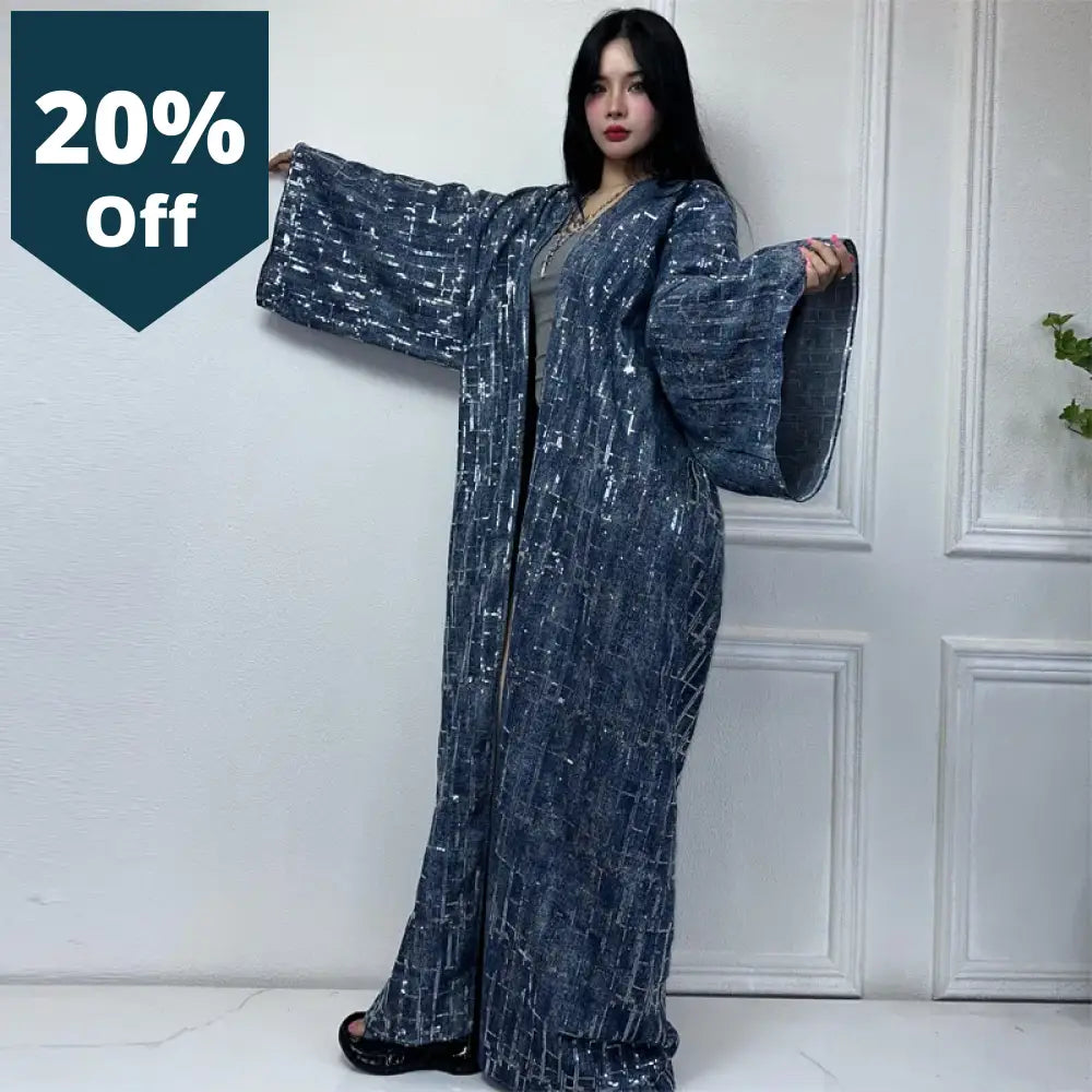 Sequined Denim Cardigan Women Long Down Coat Loose Dress Elegant Party Maxi Holiday Swimming Cover