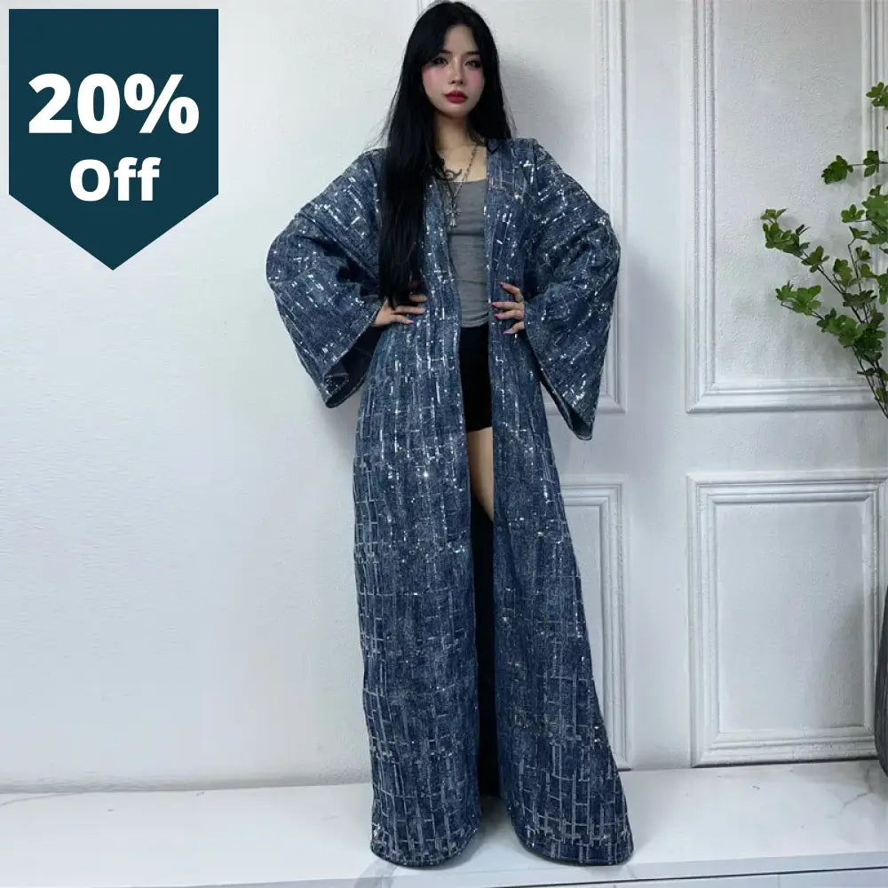 Sequined Denim Cardigan Women Long Down Coat Loose Dress Elegant Party Maxi Holiday Swimming Cover