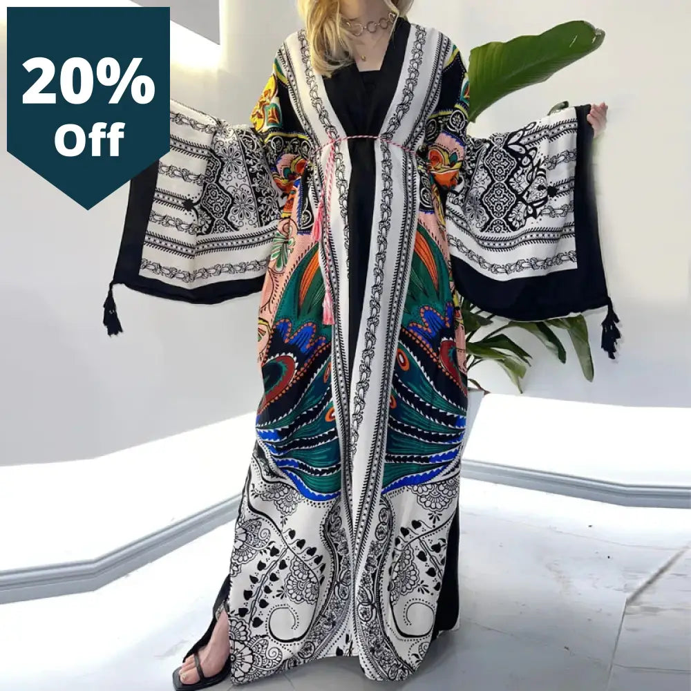 Spring Dress 2021 Women Kimono Cardigan Stitch Robe Cocktail Sexcy Boho Maxi African Holiday Batwing