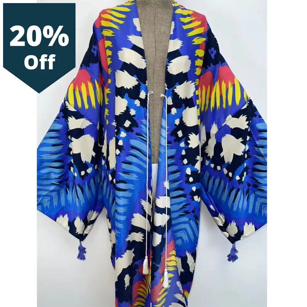 Spring Women Cardigan Stitch Robe Cocktail Boho Maxi African Holiday Batwing Sleeve Silk Robe