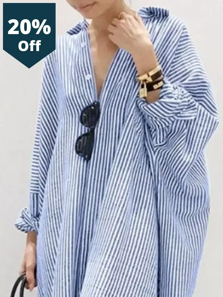 Summer New Womens Robe Fashion Stripe Single Breasted Shirt Loose Casual Style Elegant Cotton And