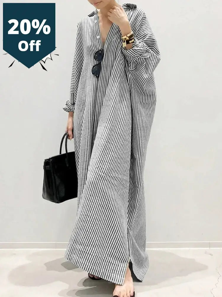 Summer New Womens Robe Fashion Stripe Single Breasted Shirt Loose Casual Style Elegant Cotton And