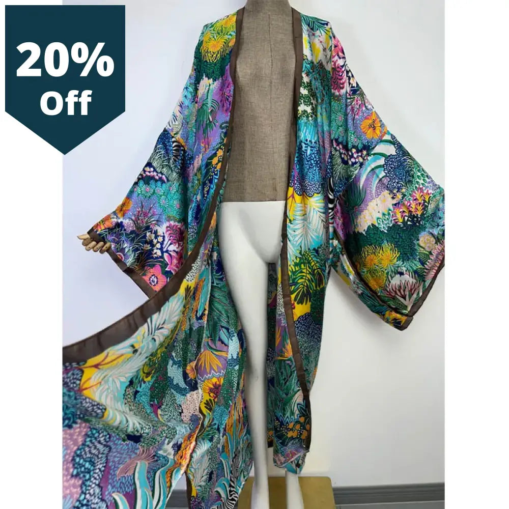 Summer Women Cardigan Stitch Cocktail Boho Maxi Holiday Batwing Sleeve Silk Feeling Robe Kimono