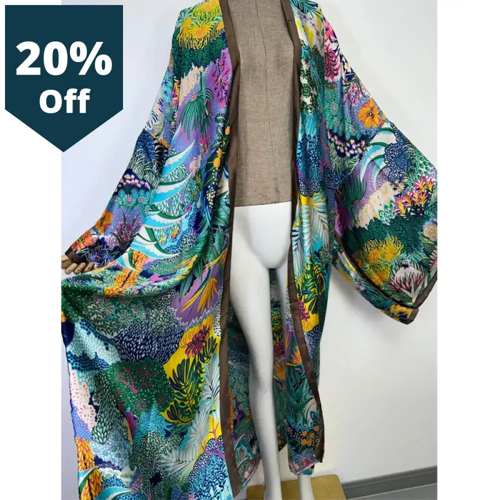 Summer Women Cardigan Stitch Cocktail Boho Maxi Holiday Batwing Sleeve Silk Feeling Robe Kimono