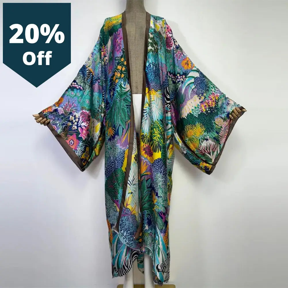 Summer Women Cardigan Stitch Cocktail Boho Maxi Holiday Batwing Sleeve Silk Feeling Robe Kimono