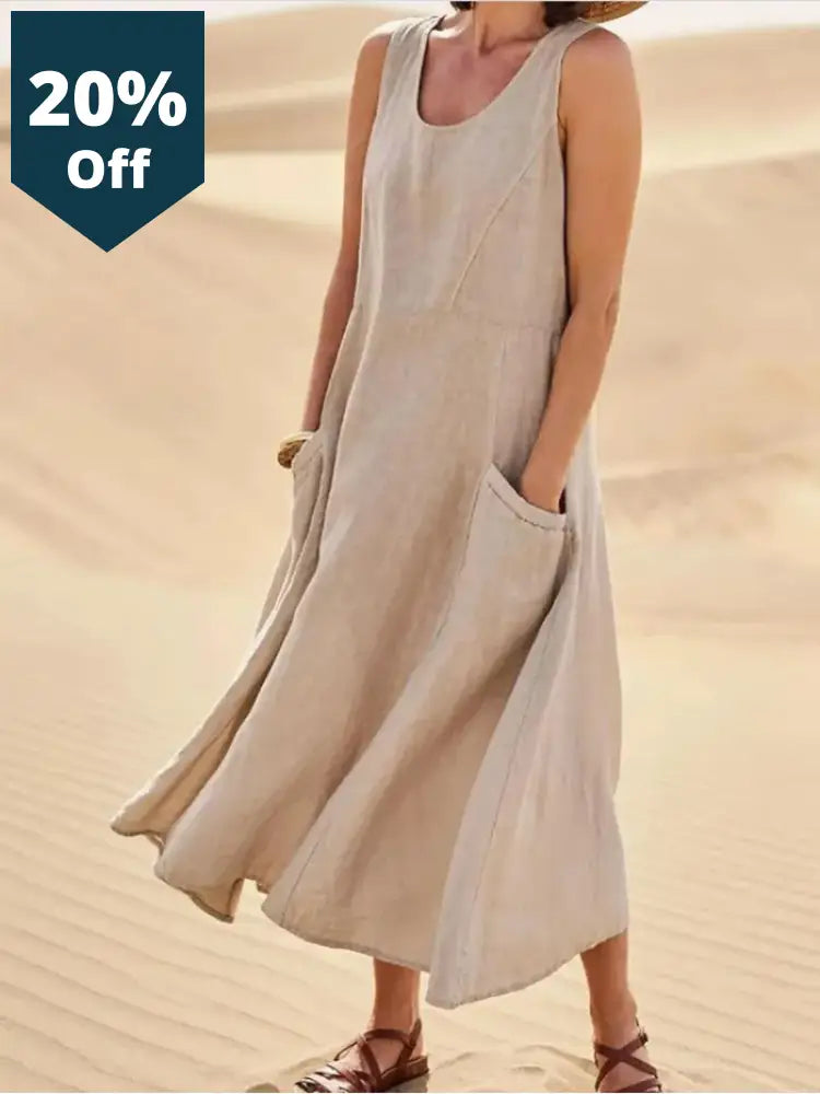 Vintage Sleeveless Tank Dress Women Elegant Round Neck Solid Cotton Linen Vestidos Summer Casual