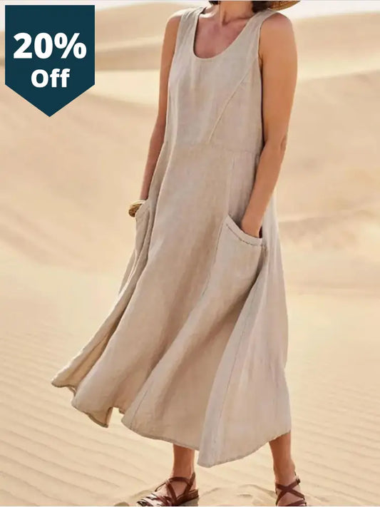 Vintage Sleeveless Tank Dress Women Elegant Round Neck Solid Cotton Linen Vestidos Summer Casual