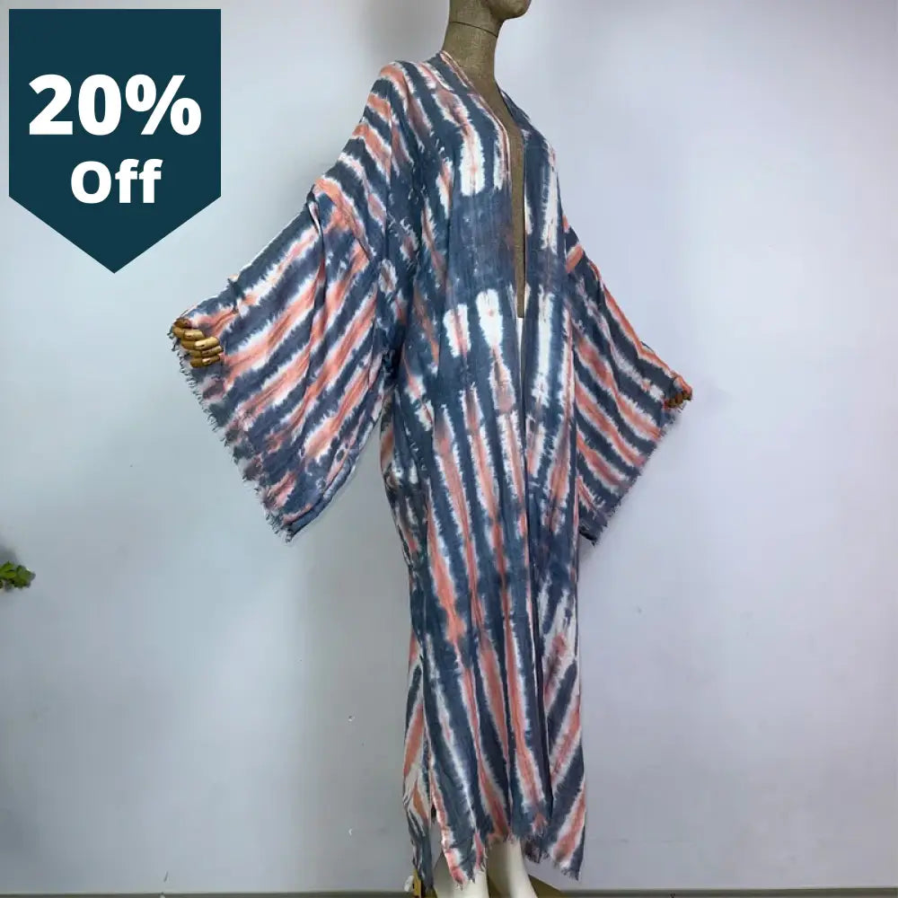 Women Bohemian Tie-Dye Print Elegant Kaftan Dress African Cardigans Outerwear For Summer Sexy Cotton