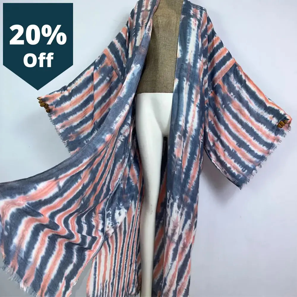 Women Bohemian Tie-Dye Print Elegant Kaftan Dress African Cardigans Outerwear For Summer Sexy Cotton