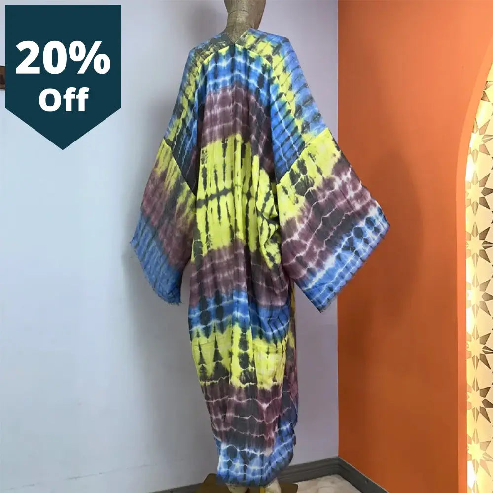 Women Bohemian Tie-Dye Print Elegant Kaftan Dress African Cardigans Outerwear For Summer Sexy Cotton