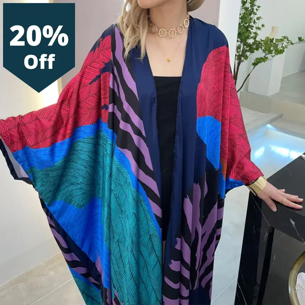 Women Cardigan Coat Loose Long Dress Cocktail Party Boho Maxi African Holiday Batwing Sleeve Silk