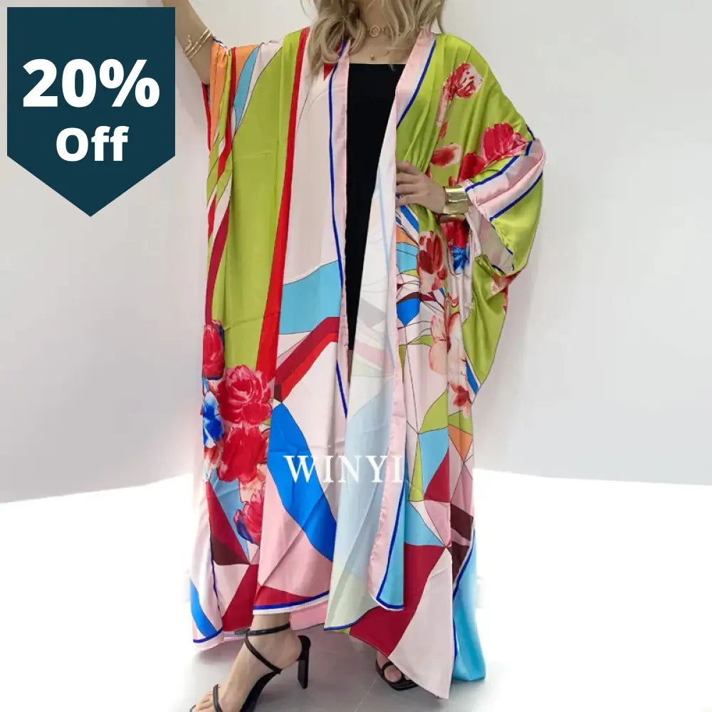 Women Cardigan Coat Loose Long Dress Cocktail Party Boho Maxi African Holiday Batwing Sleeve Silk