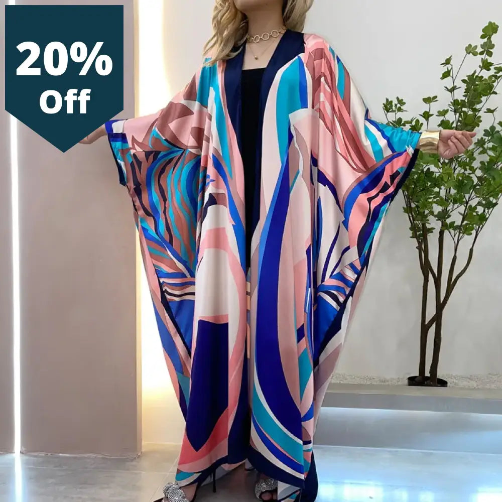 Women Cardigan Coat Loose Long Dress Cocktail Party Boho Maxi African Holiday Batwing Sleeve Silk